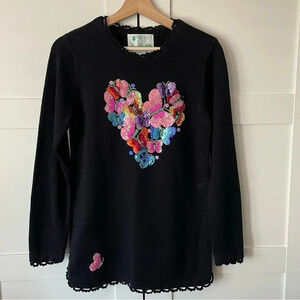 Quacker Factory XS Black Heart Tunic Sweater Ramie And Cotton Beaded Butterflys